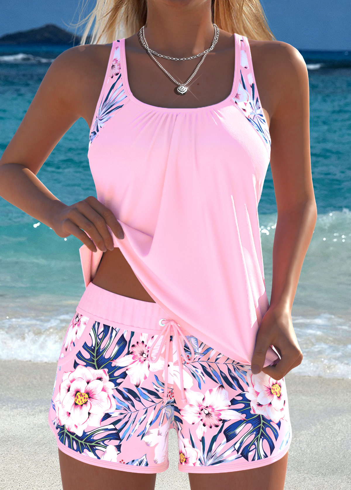 Modlily Light Pink Mid Waisted Drawstring Floral Print Tankini Set - S