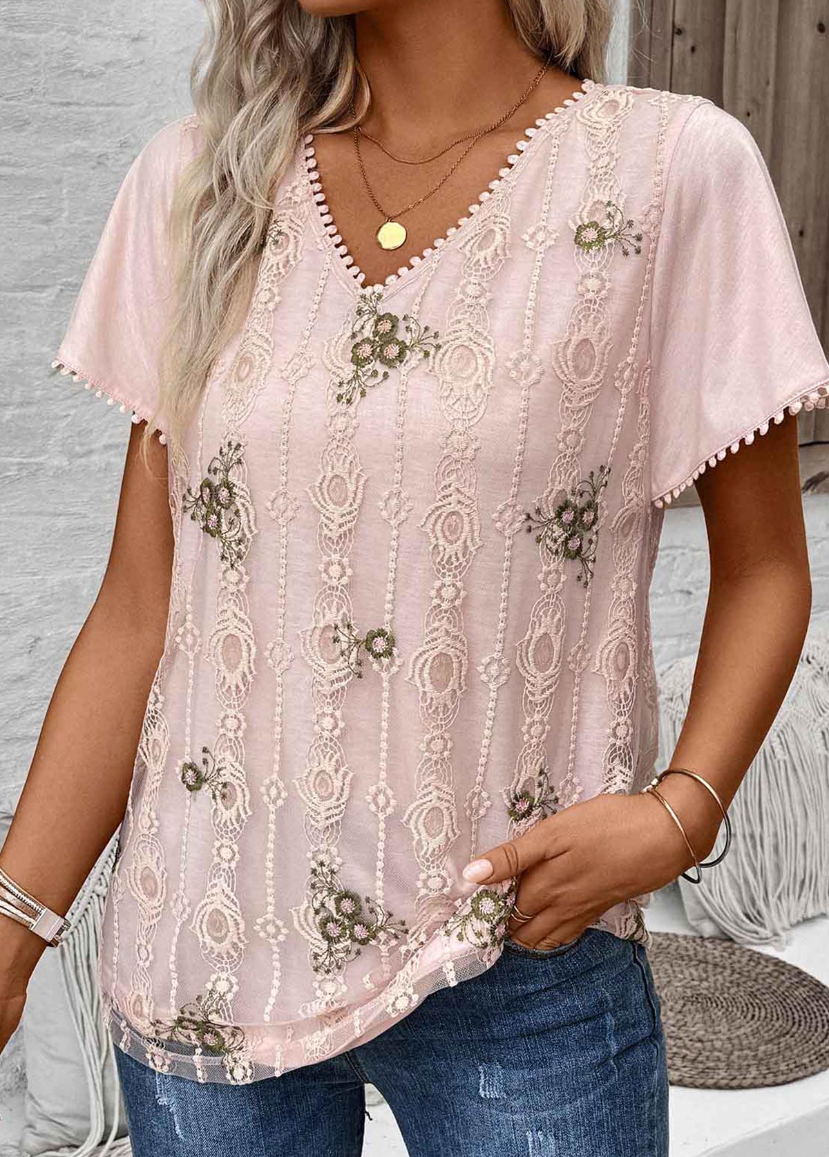 Modlily Light Pink Patchwork Floral Print Short Sleeve Blouse - S