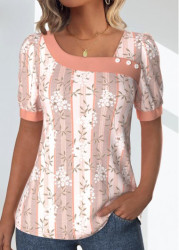 Modlily Light Pink Patchwork Floral Print Short Sleeve T Shirt - M