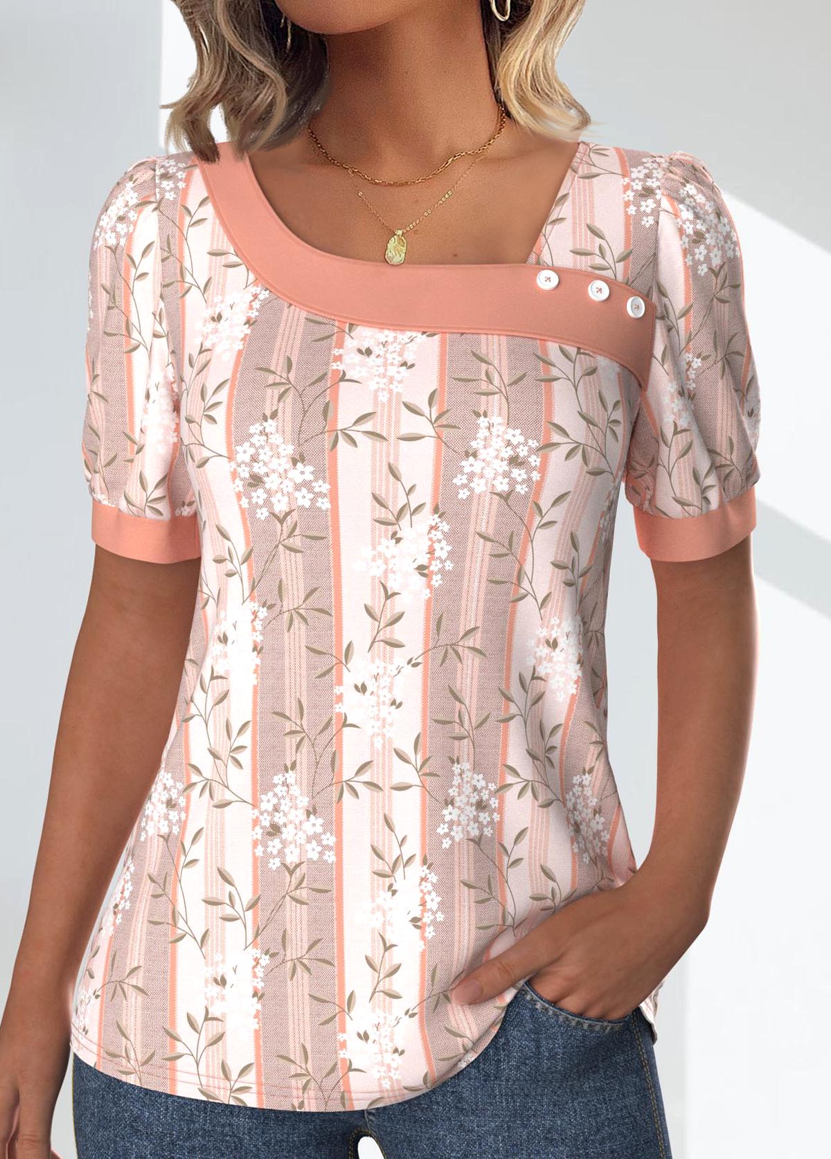 Modlily Light Pink Patchwork Floral Print Short Sleeve T Shirt - L