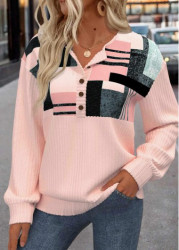 Modlily Light Pink Patchwork Geometric Print Long Sleeve Sweatshirt - M