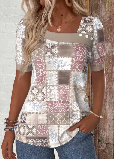Modlily Light Pink Patchwork Geometric Print Short Sleeve T Shirt - M