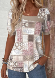Modlily Light Pink Patchwork Geometric Print Short Sleeve T Shirt - M