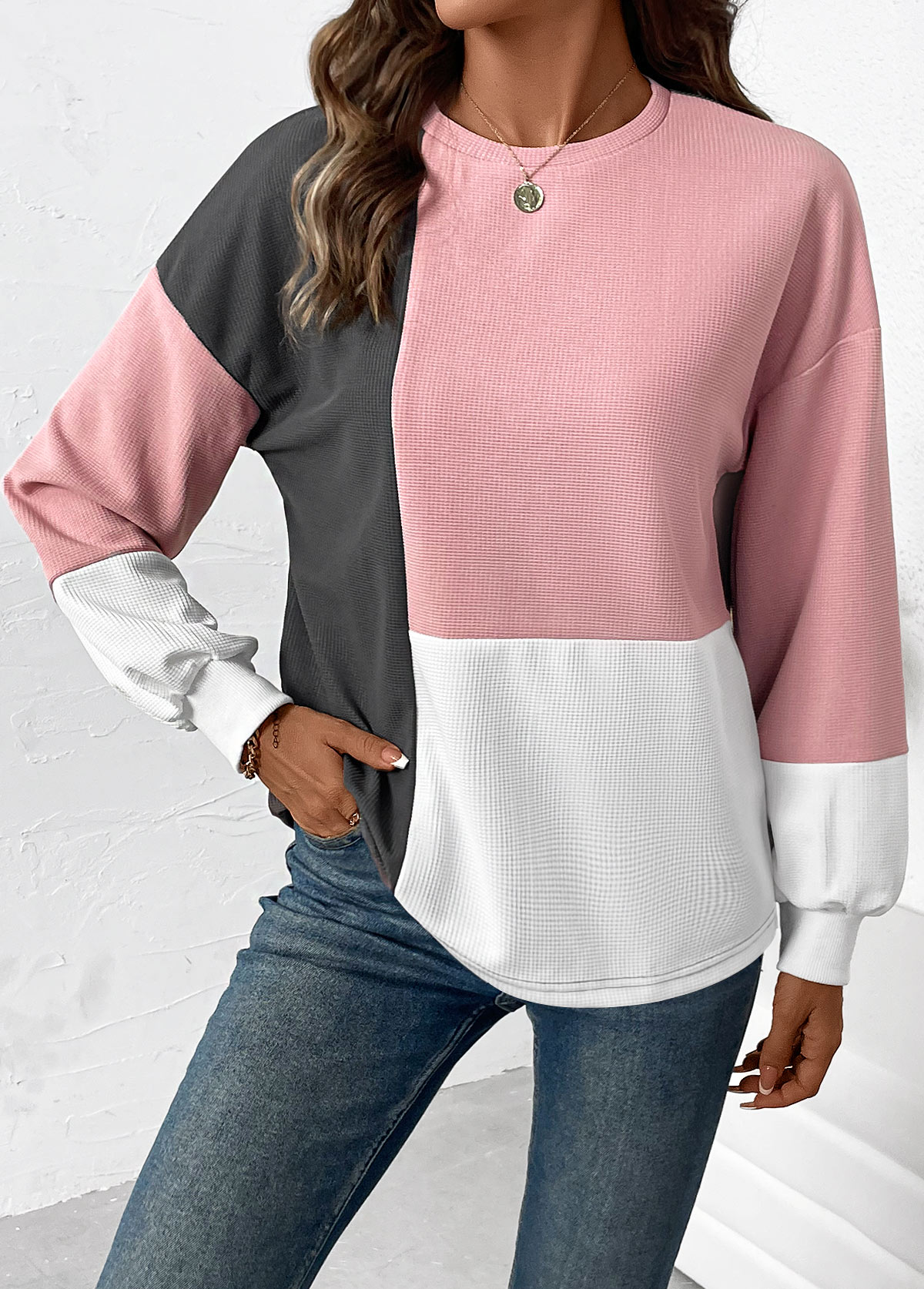 Modlily Light Pink Patchwork Long Sleeve Round Neck Sweatshirt - M