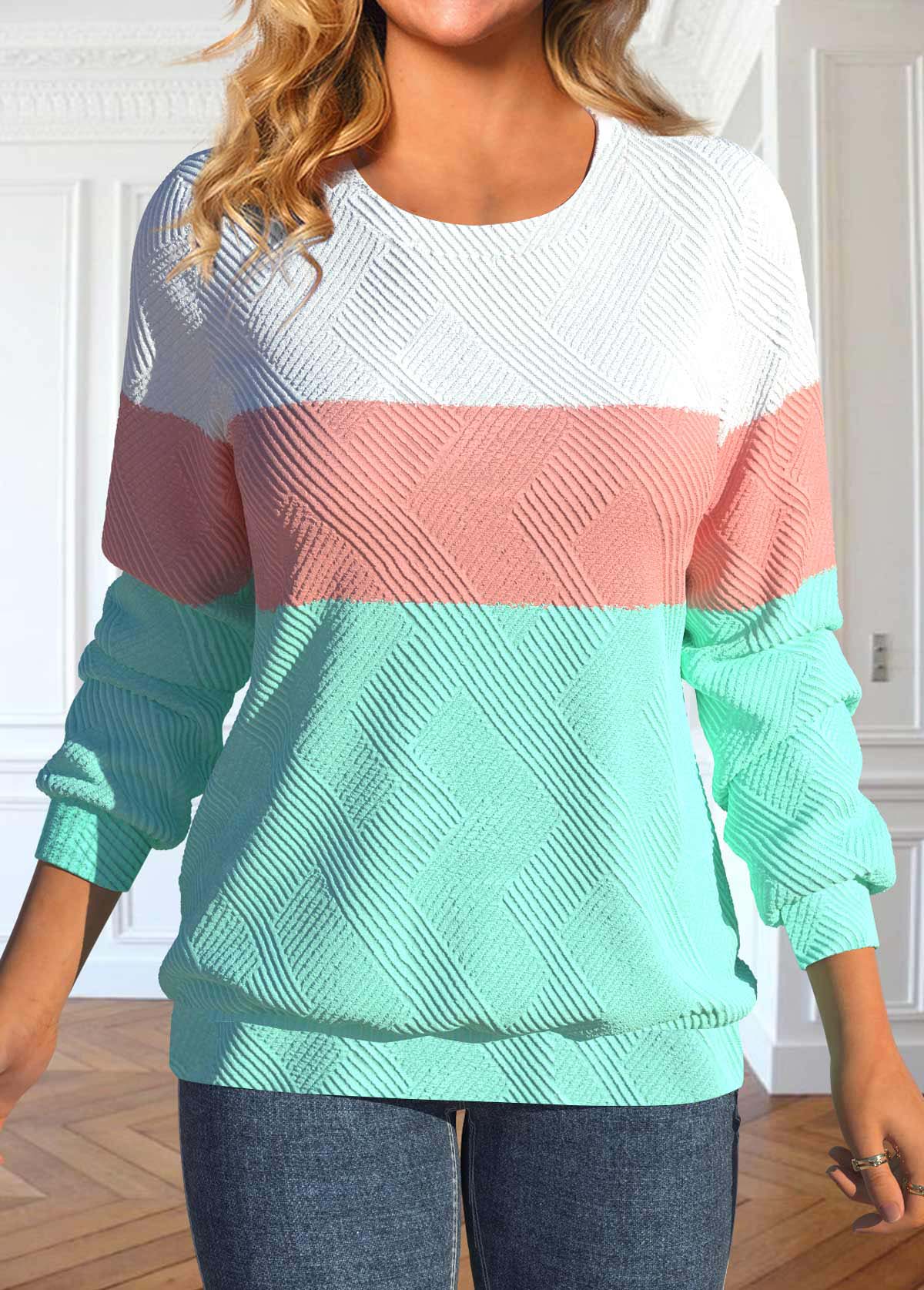 Modlily Light Pink Patchwork Long Sleeve Round Neck Sweatshirt - S