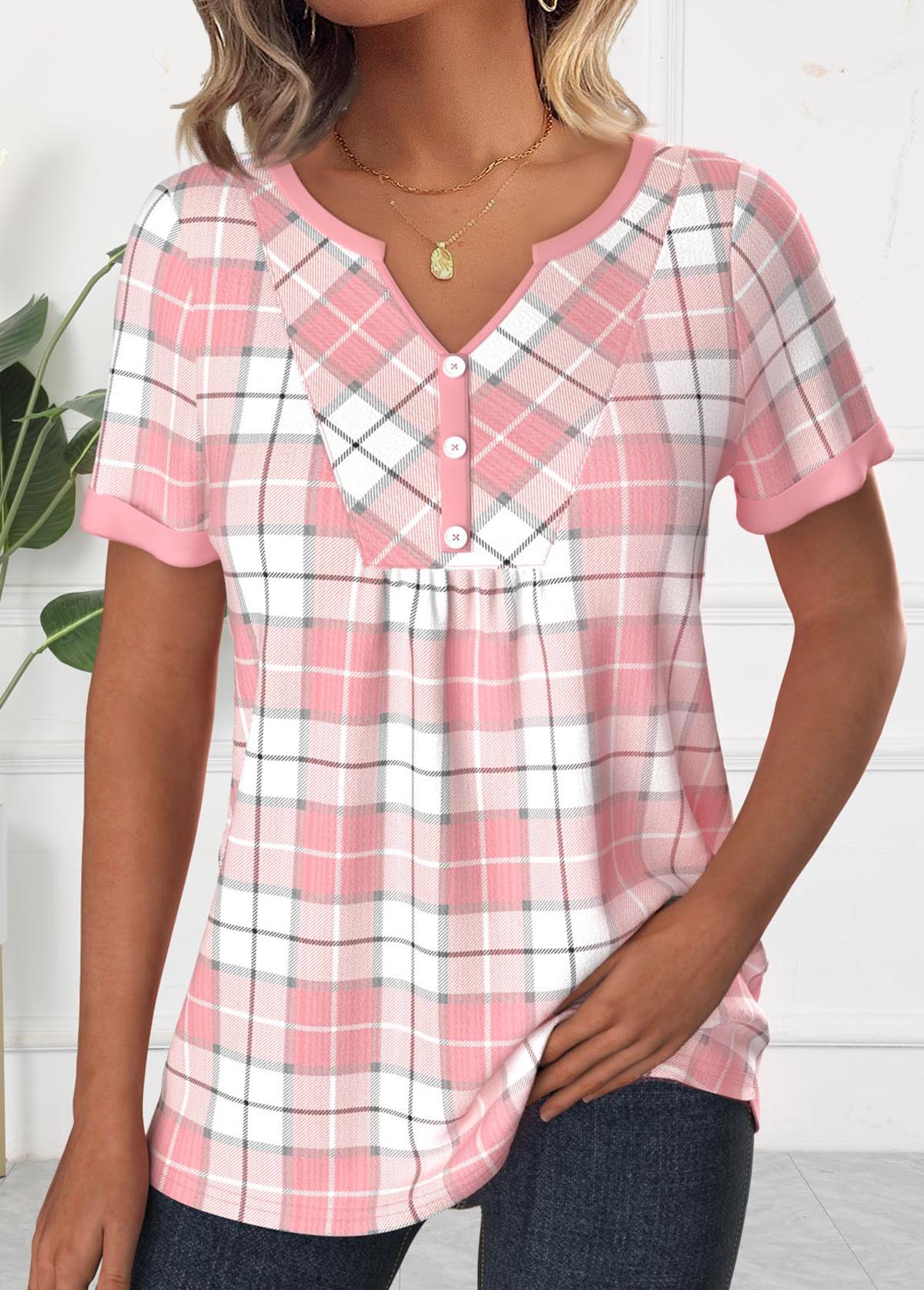 Modlily Light Pink Patchwork Plaid Short Sleeve T Shirt - S