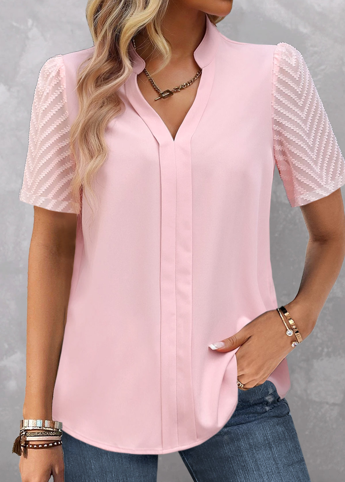 Modlily Light Pink Patchwork Short Sleeve Split Neck Blouse - 1X