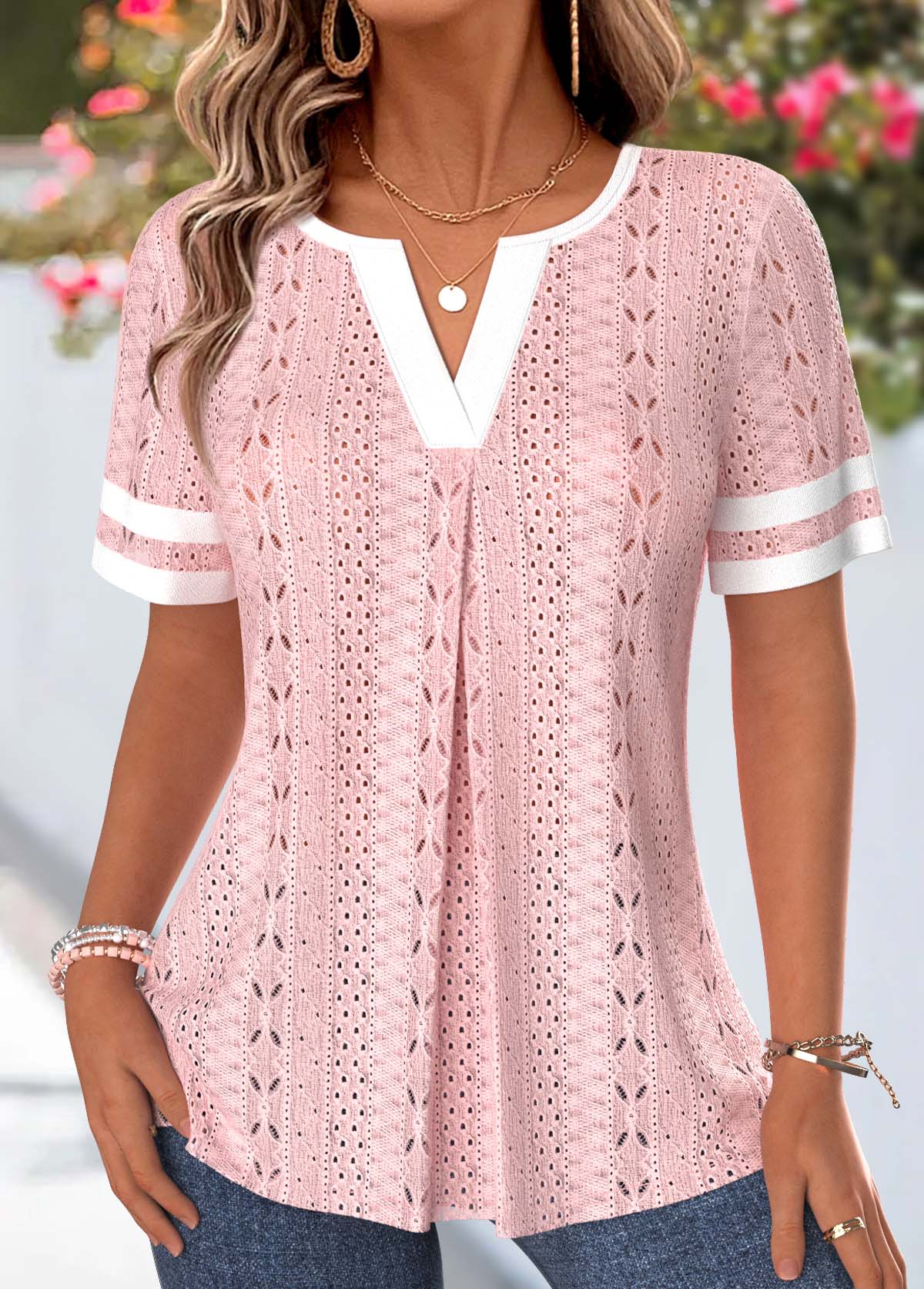 Modlily Light Pink Patchwork Short Sleeve Split Neck T Shirt - M