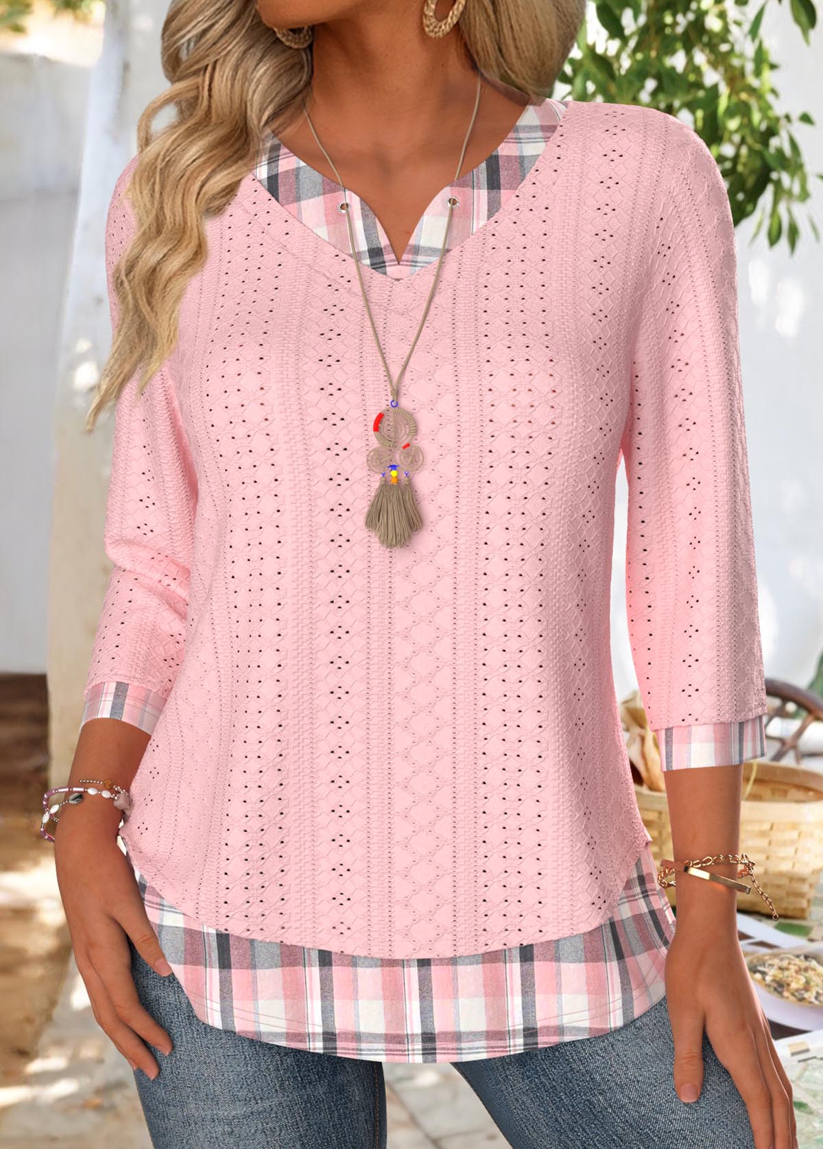 Modlily Light Pink Plaid 3/4 Sleeve Split Neck T Shirt - XL