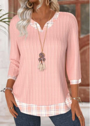 Modlily Light Pink Plaid 3/4 Sleeve V Neck T Shirt - M
