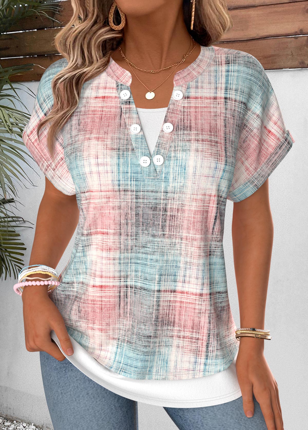 Modlily Light Pink Plaid Fake 2in1 Short Sleeve T Shirt - S