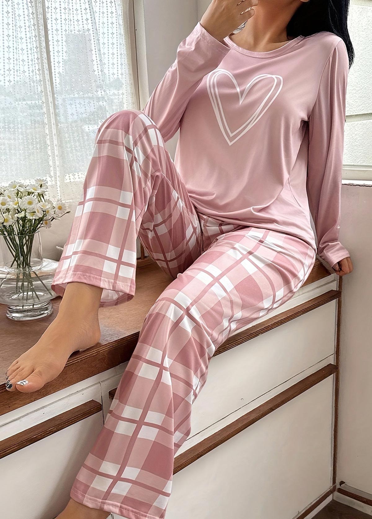 Modlily Light Pink Plaid Long Sleeve Lounge Top and Pants - M
