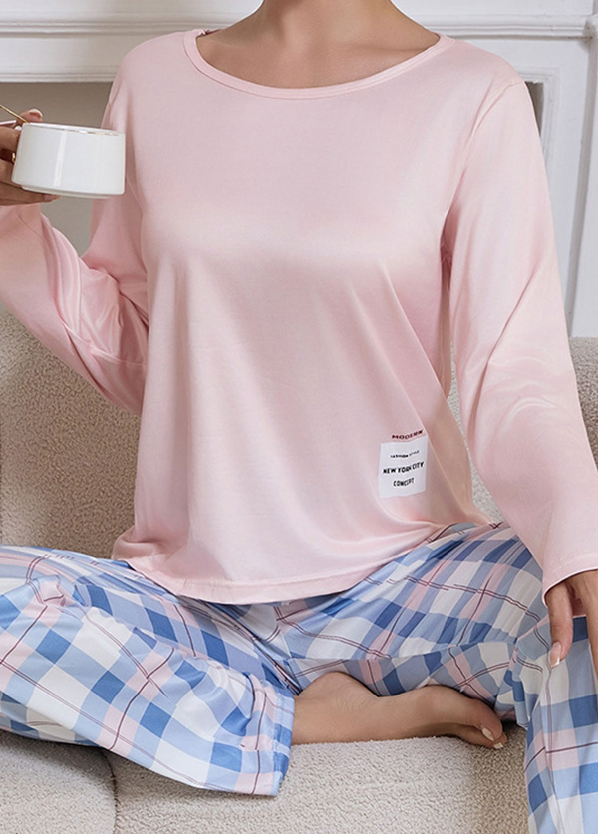 Modlily Light Pink Plaid Long Sleeve Lounge Top and Pants - S