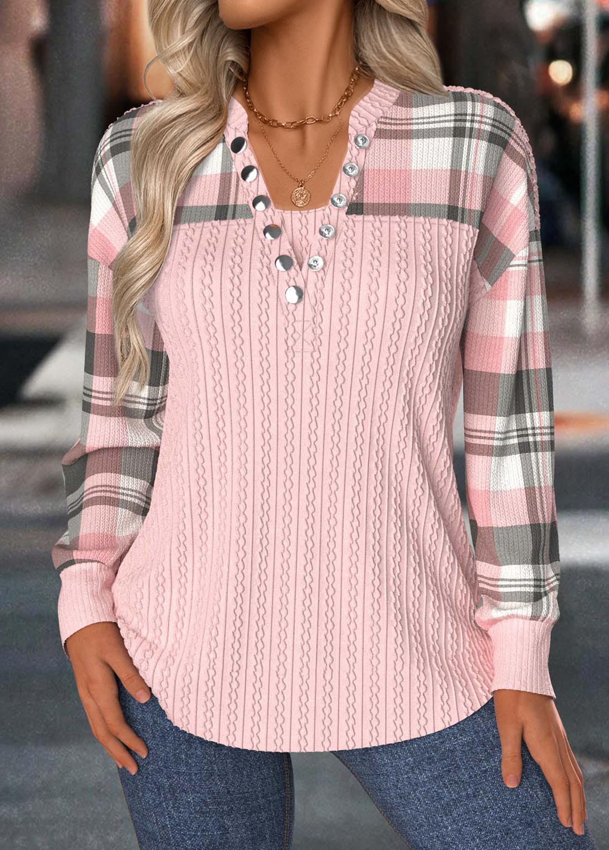 Modlily Light Pink Plaid Long Sleeve Split Neck Sweatshirt - L