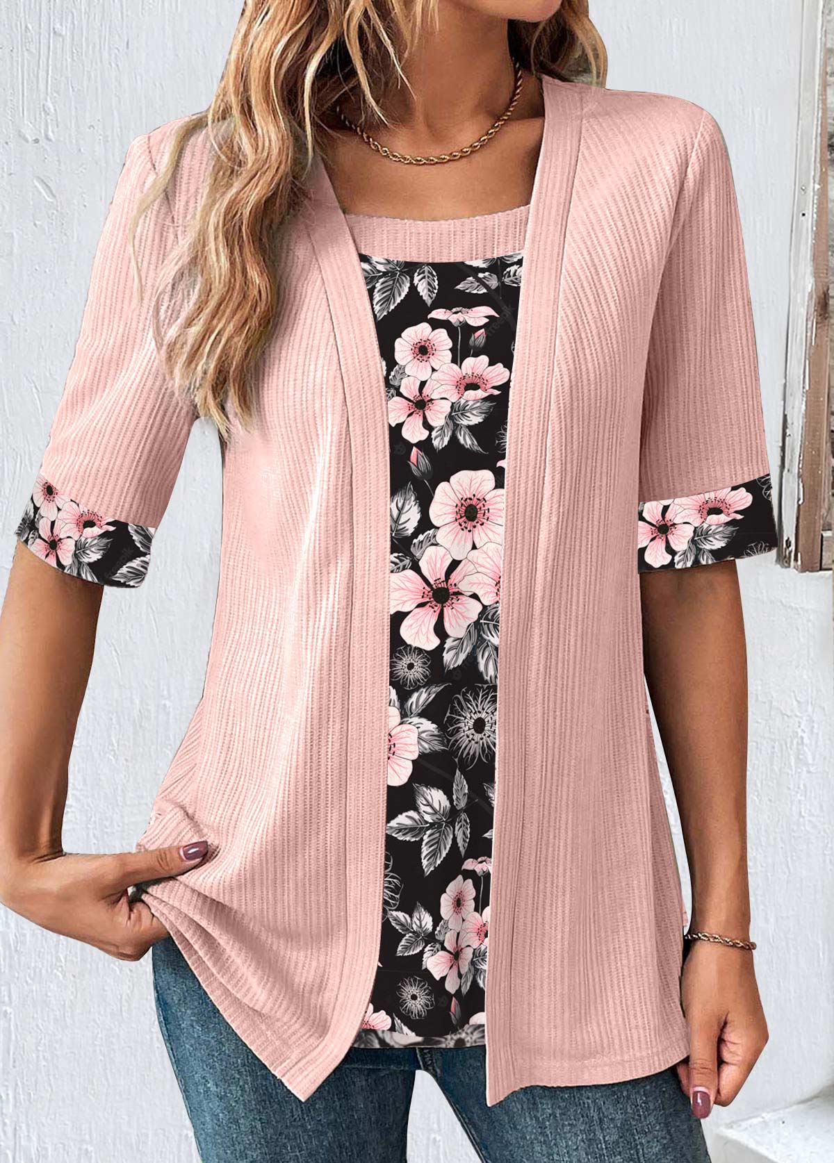 Modlily Light Pink Plus Size Fake Two Piece Twinset - S