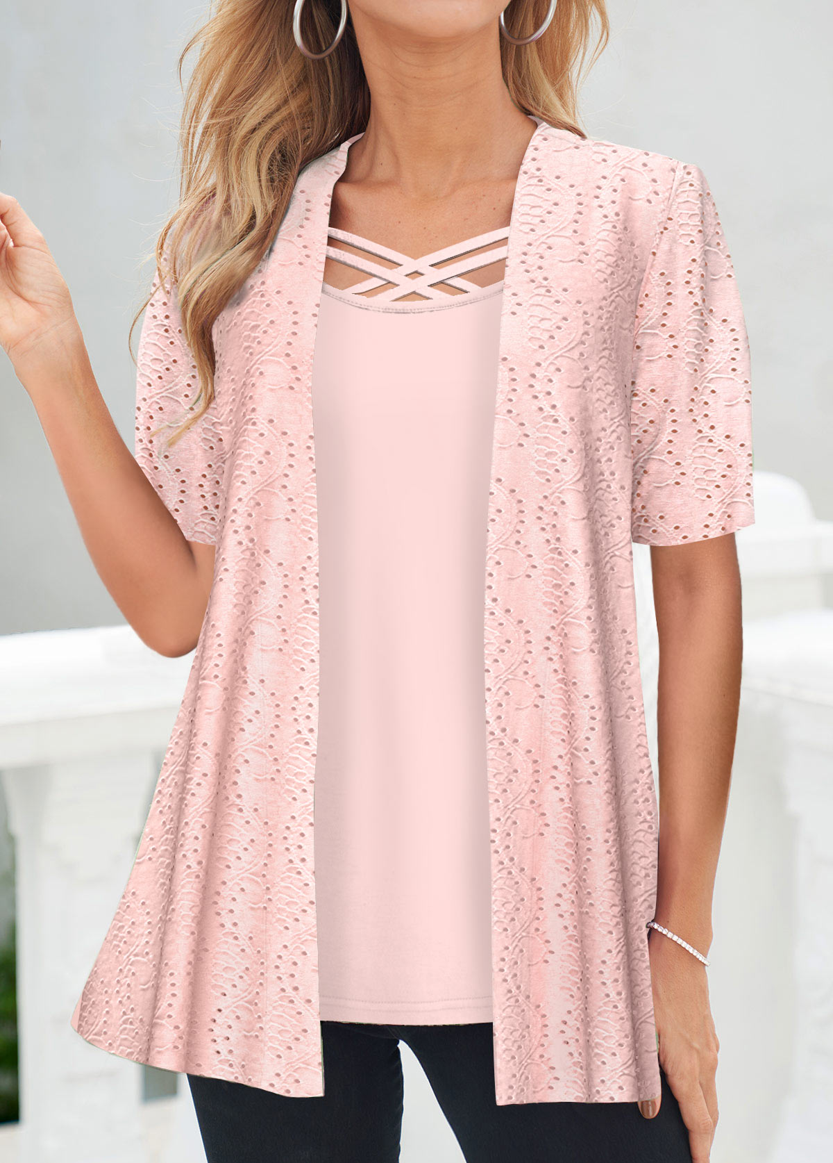 Modlily Light Pink Short Sleeve Fake Two Piece Twinset - S
