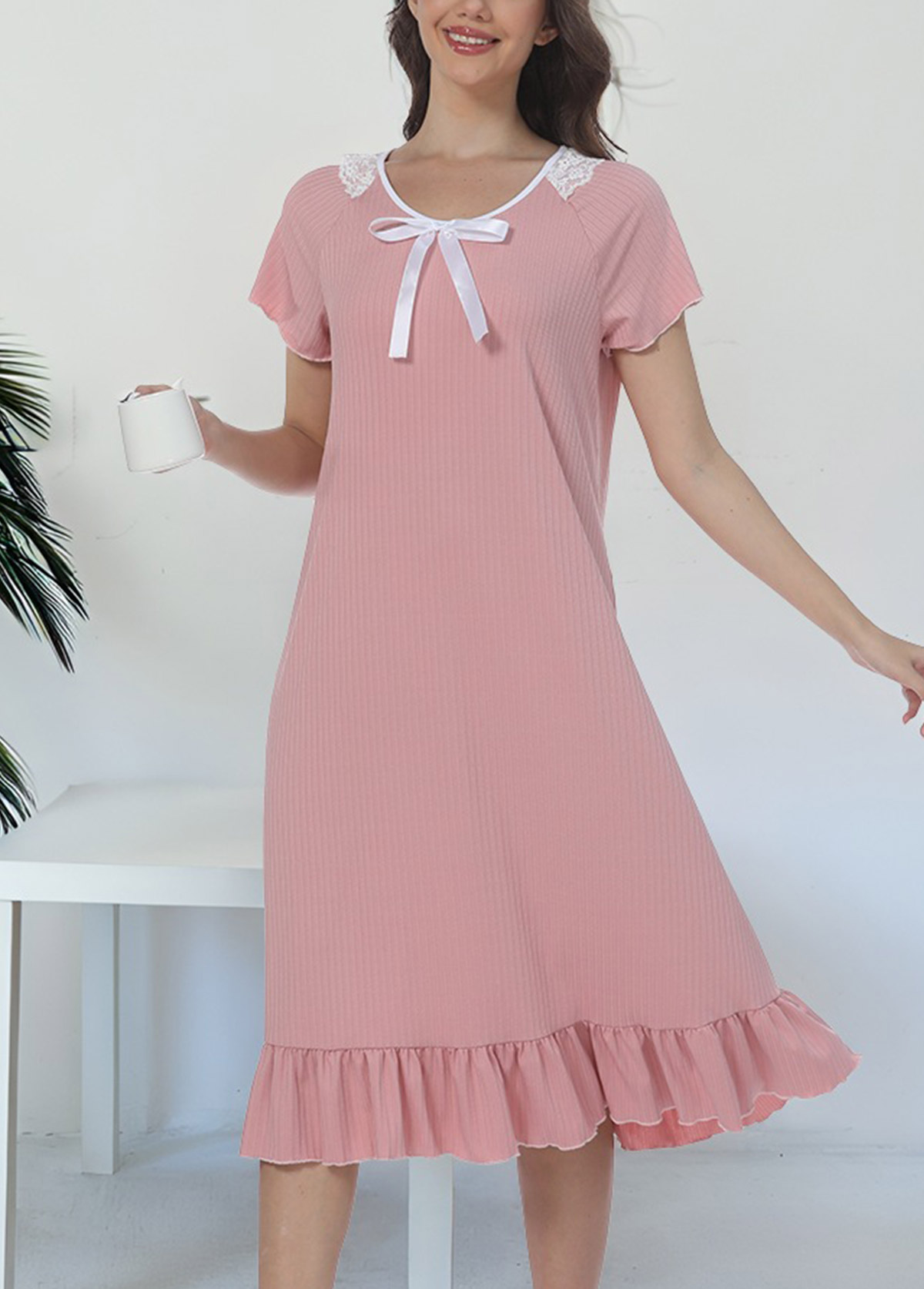 Modlily Light Pink Short Sleeve Round Neck Nightdress - S