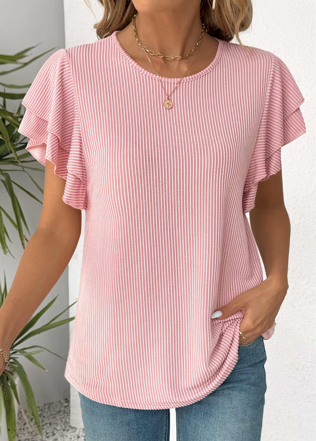 Modlily Light Pink Short Sleeve Round Neck T Shirt - S