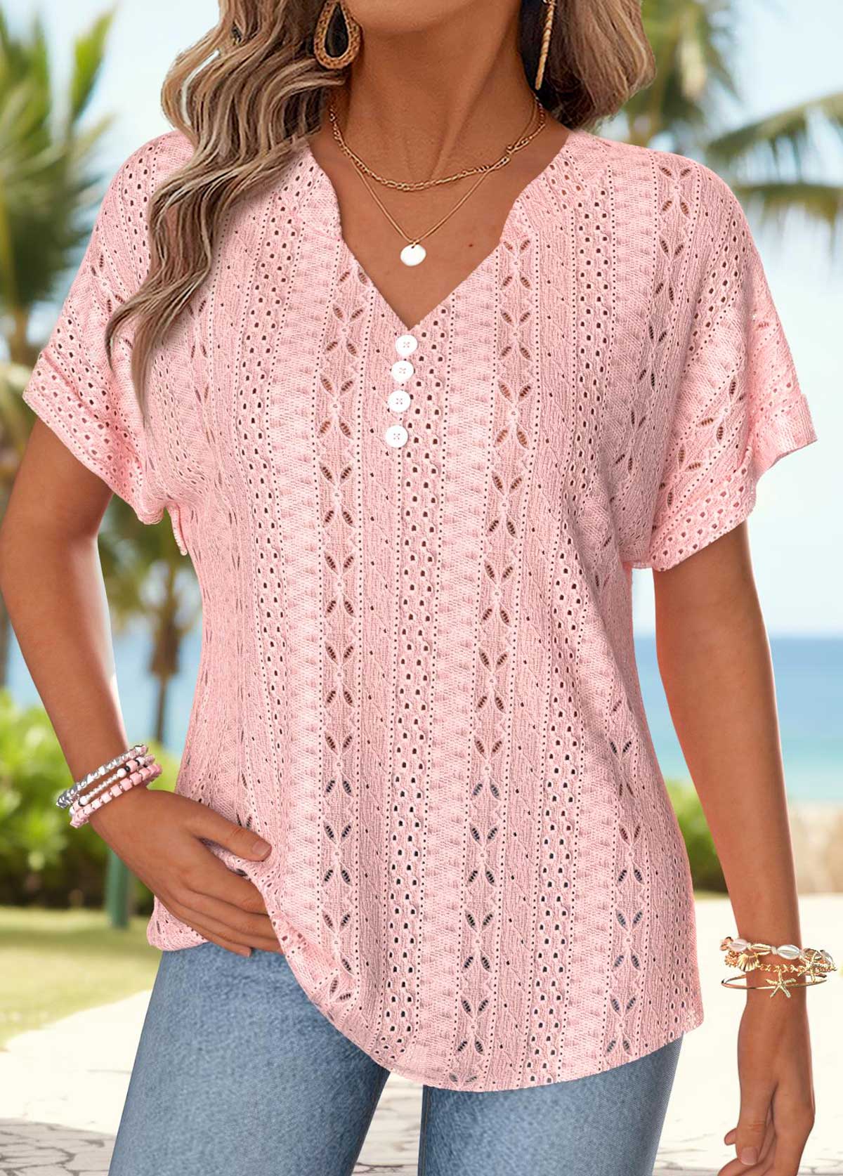Modlily Light Pink Short Sleeve Split Neck T Shirt - M