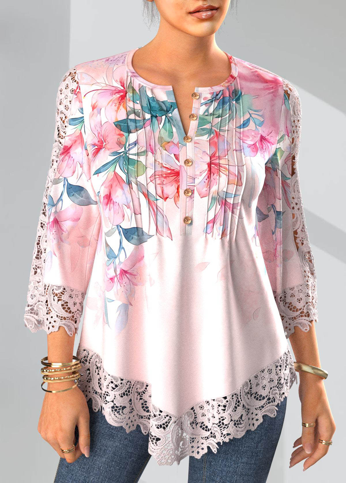 Modlily Light Pink Tuck Stitch Floral Print 3/4 Sleeve Blouse - S