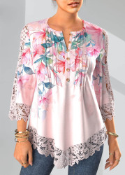 Modlily Light Pink Tuck Stitch Floral Print 3/4 Sleeve Blouse - S