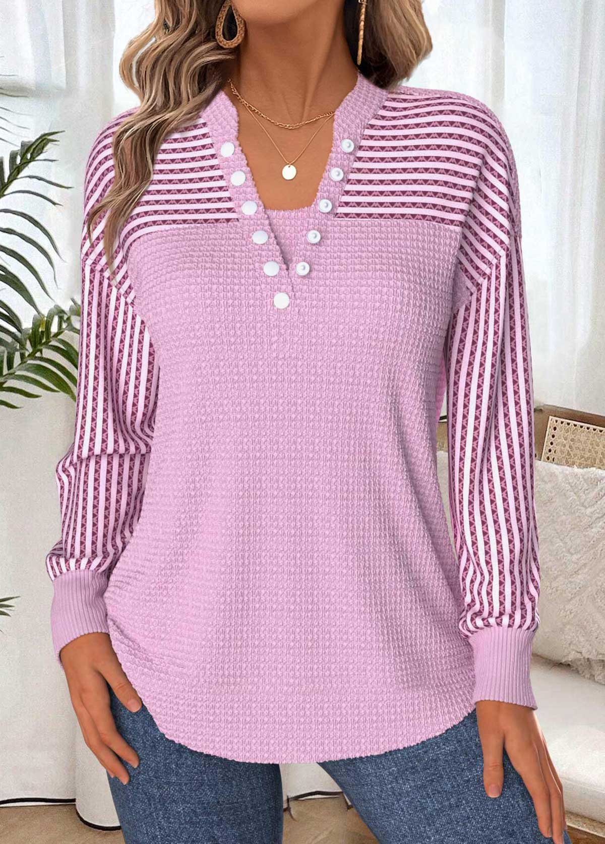 Modlily Light Pink Tummy Coverage Geometric Print Long Sleeve Sweatshirt - L