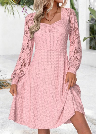 Modlily Light Pink Tummy Coverage Long Sleeve Square Neck Dress - M