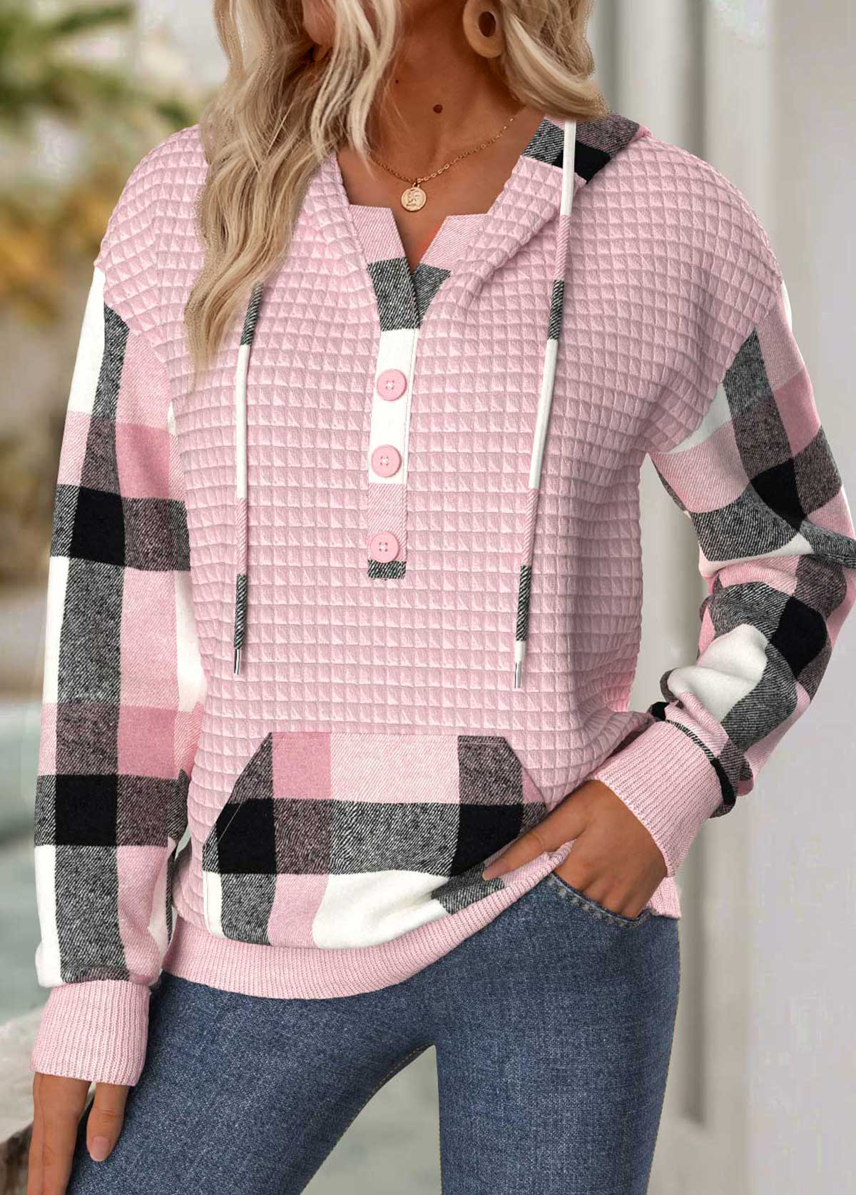 Modlily Light Pink Tummy Coverage Plaid Long Sleeve Hoodie - S