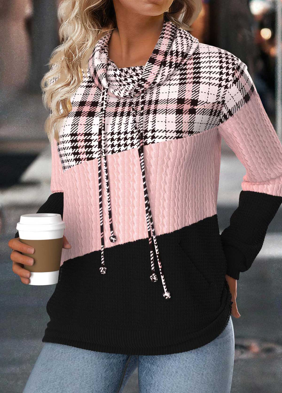Modlily Light Pink Tummy Coverage Plaid Long Sleeve Sweatshirt - M