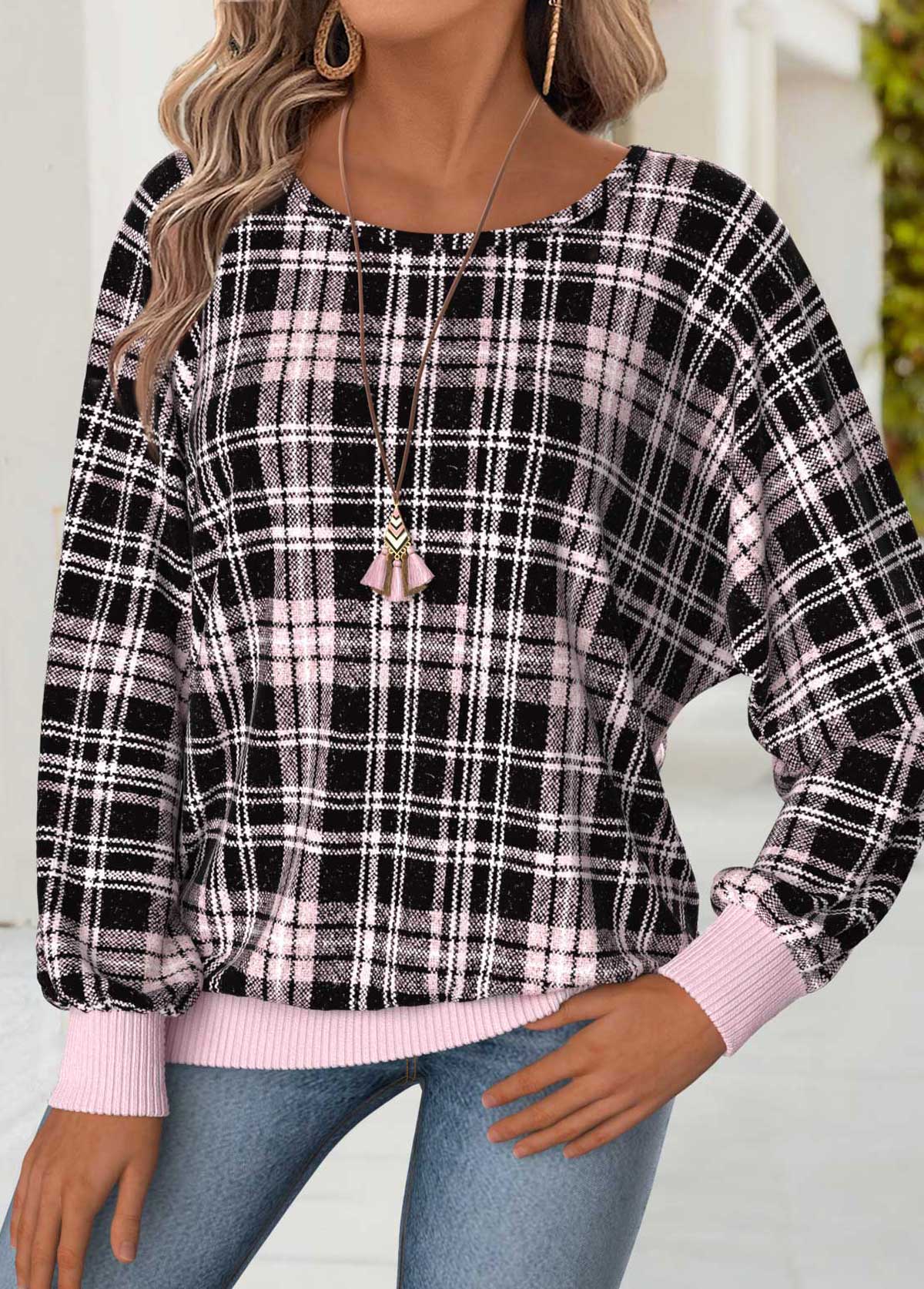 Modlily Light Pink Tummy Coverage Plaid Long Sleeve T Shirt - M