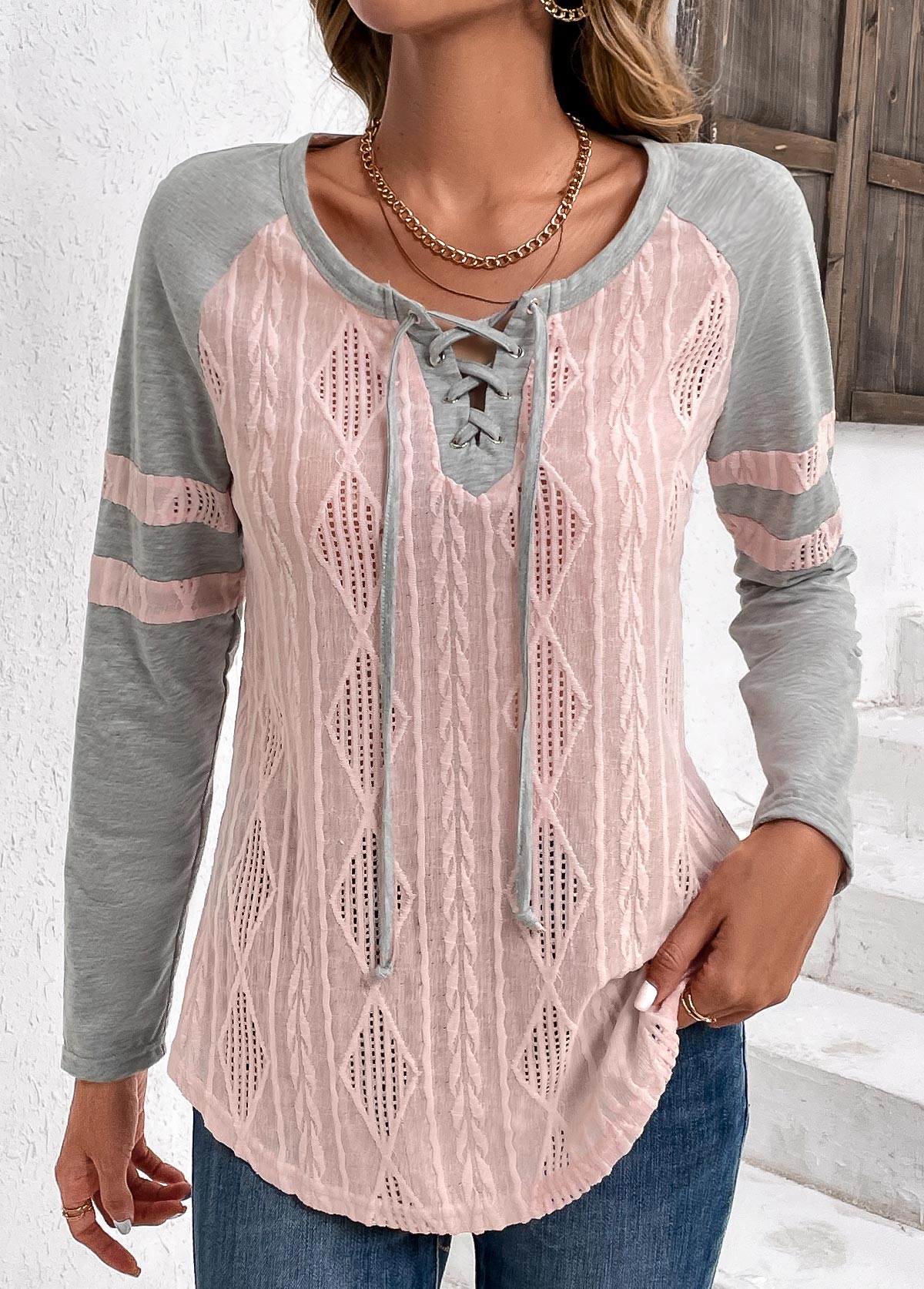 Modlily Light Pink Twisted Long Sleeve T Shirt - L