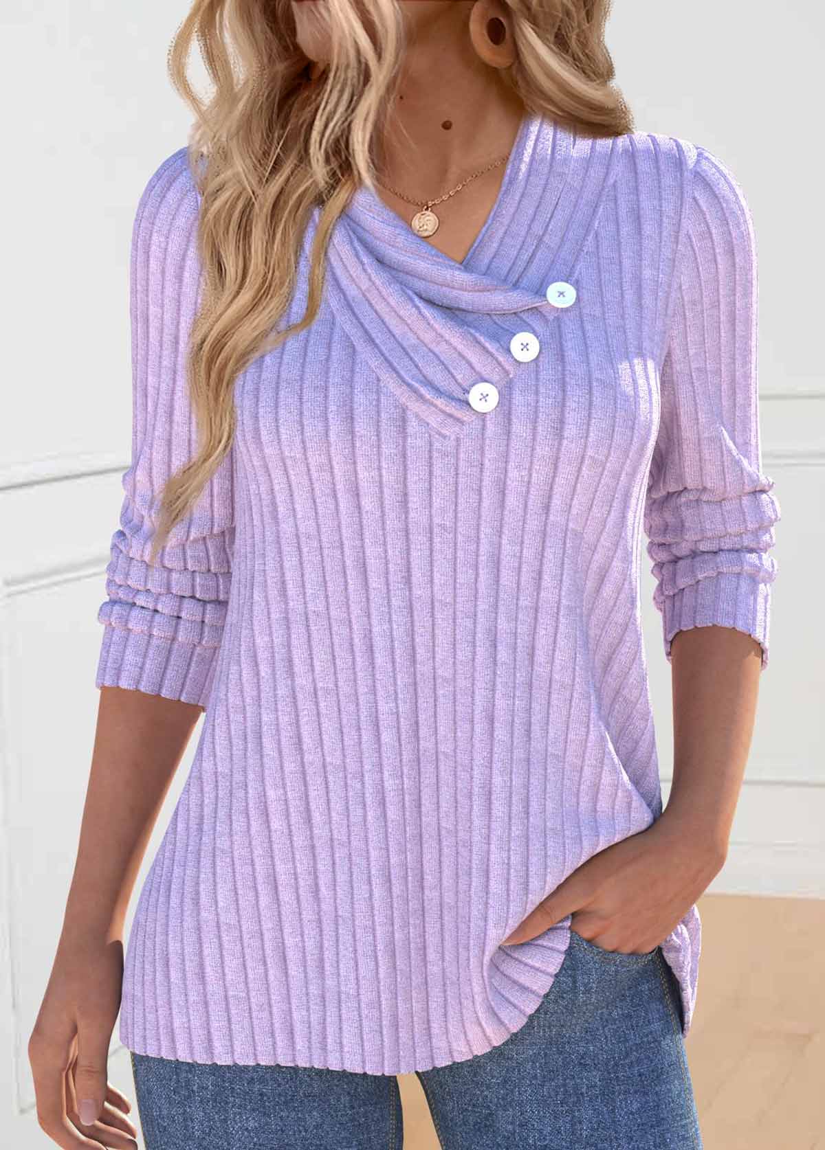 Modlily Light Purple Button Long Sleeve V Neck Sweatshirt - XL