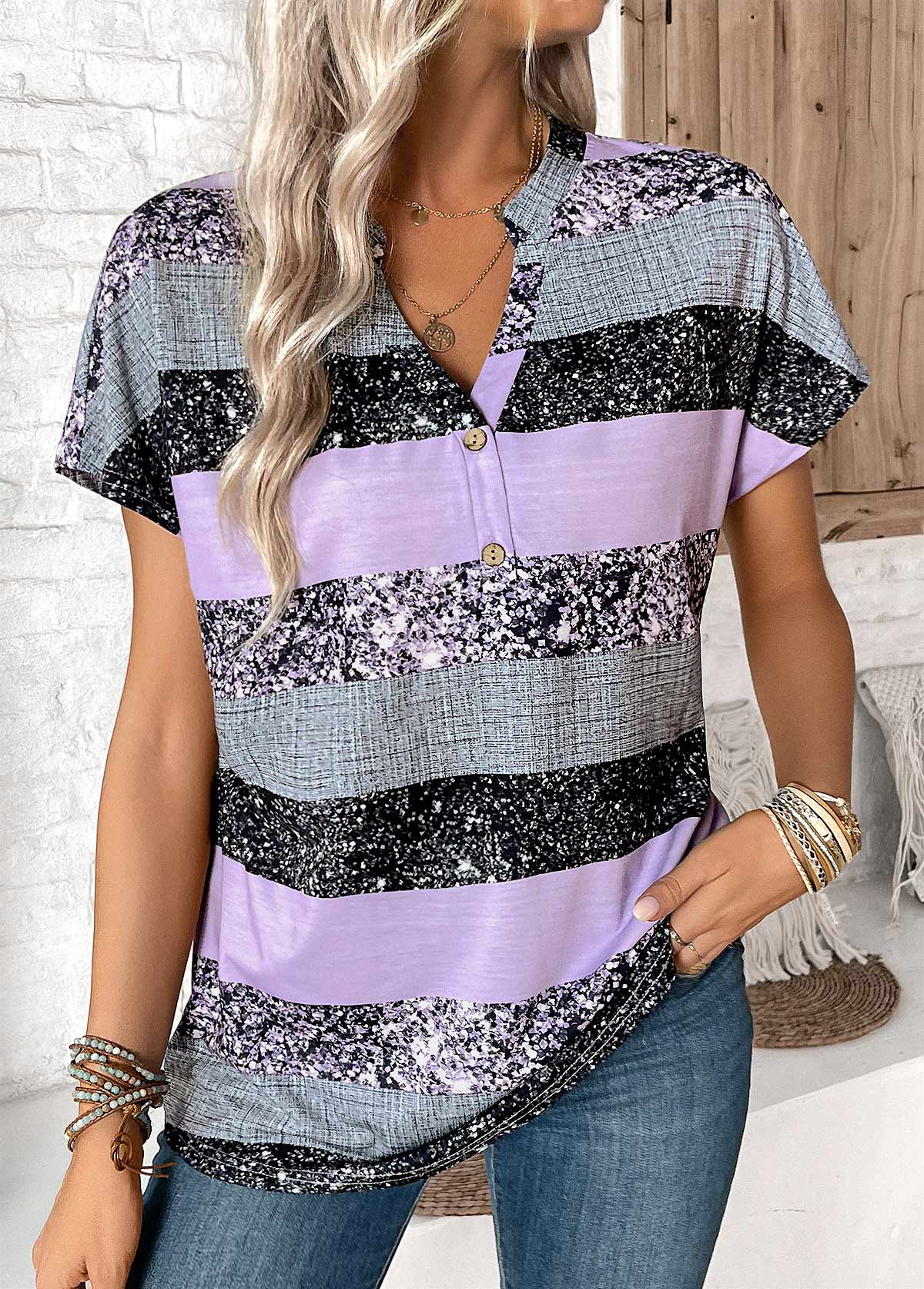 Modlily Light Purple Button Striped Short Sleeve Split Neck Blouse - S