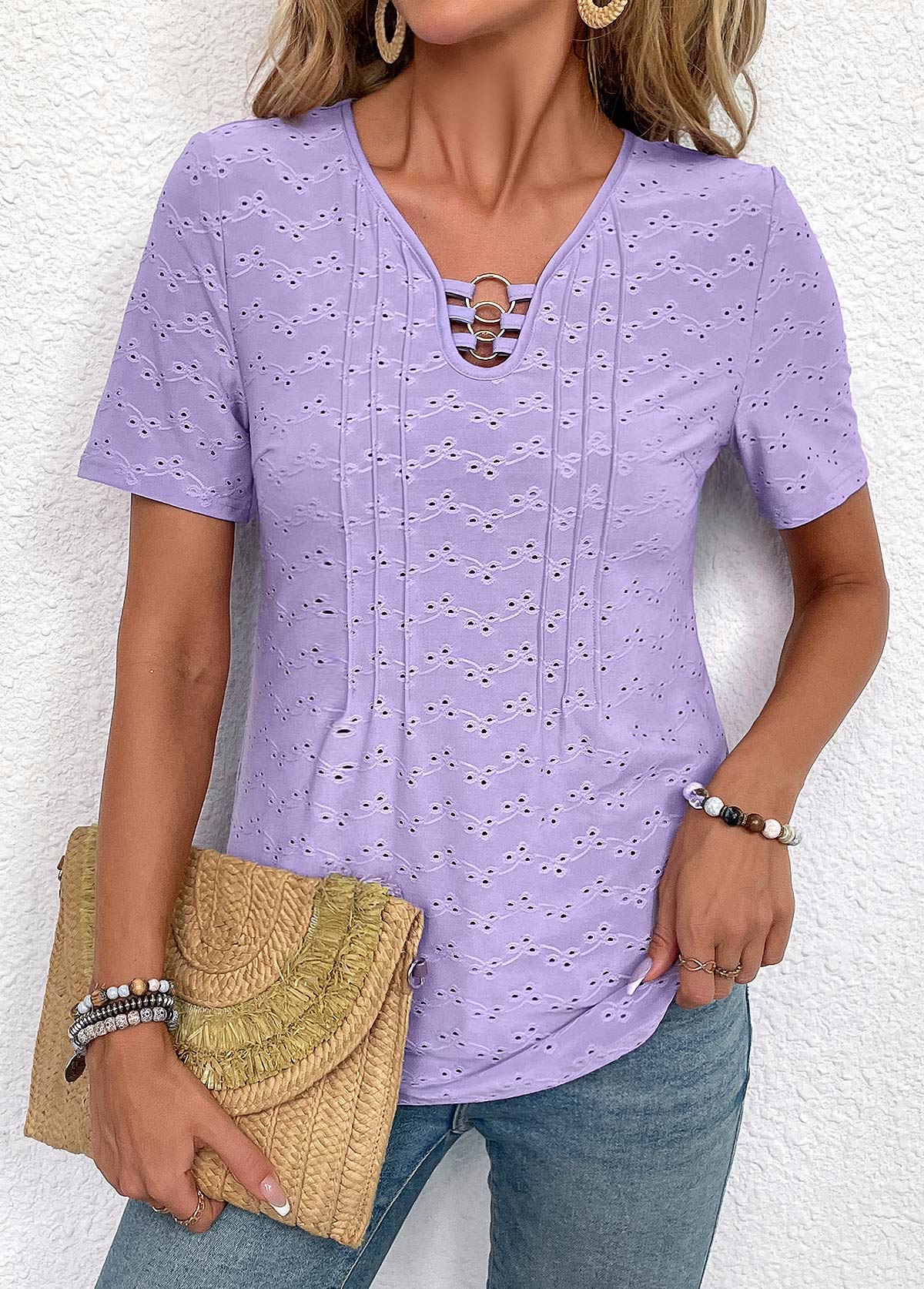 Modlily Light Purple Circular Ring Short Sleeve V Neck Blouse - M