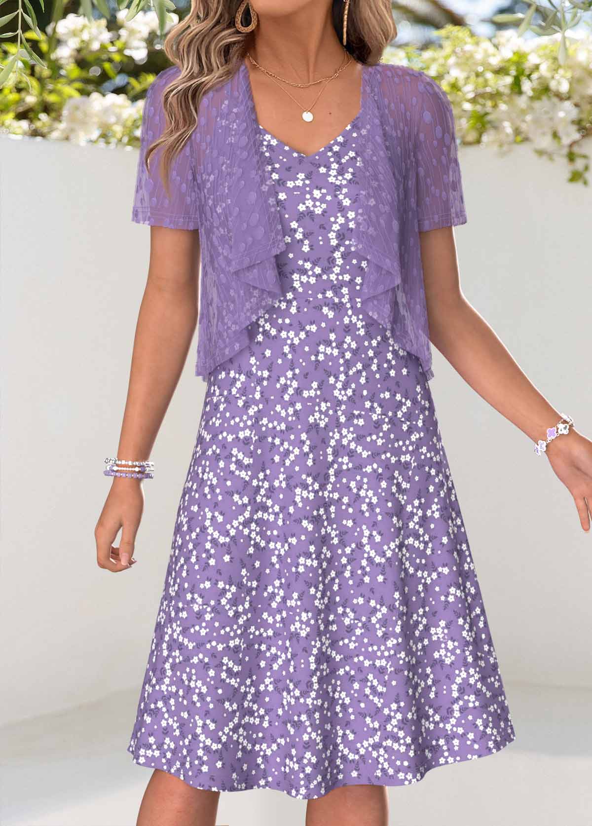 Modlily Light Purple Ditsy Floral Print Dress and Cardigan - S