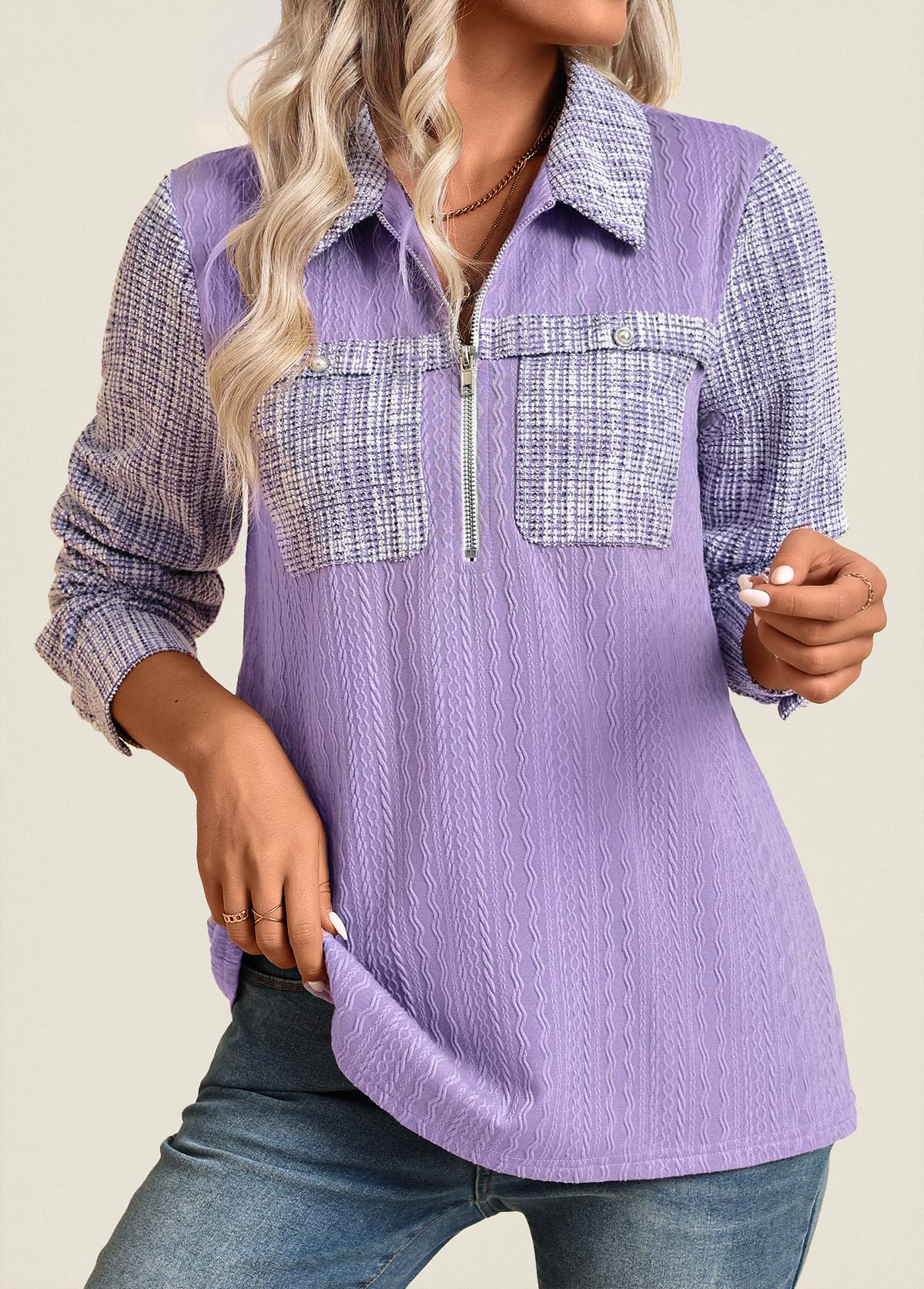 Modlily Light Purple Jacquard Long Sleeve Shirt - S
