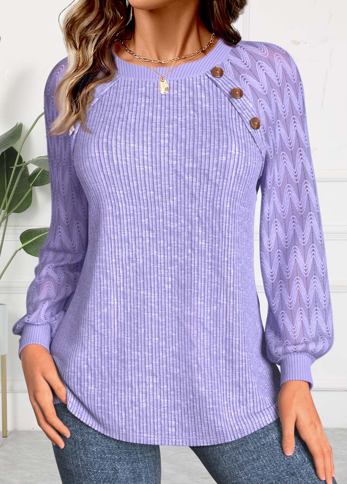Modlily Light Purple Lace Long Sleeve Round Neck Sweatshirt - L