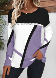 Modlily Light Purple Patchwork Geometric Print Long Sleeve T Shirt - S