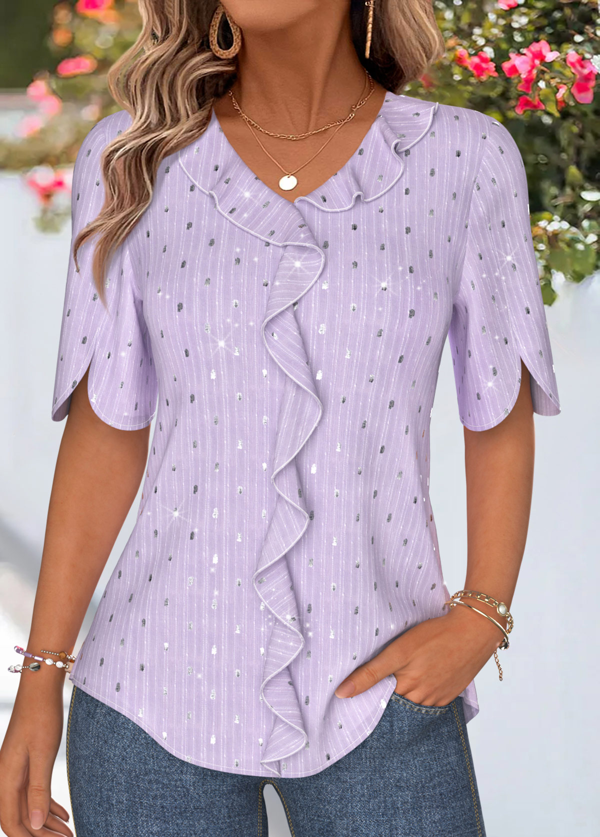 Modlily Light Purple Ruffle Half Sleeve V Neck Blouse - S