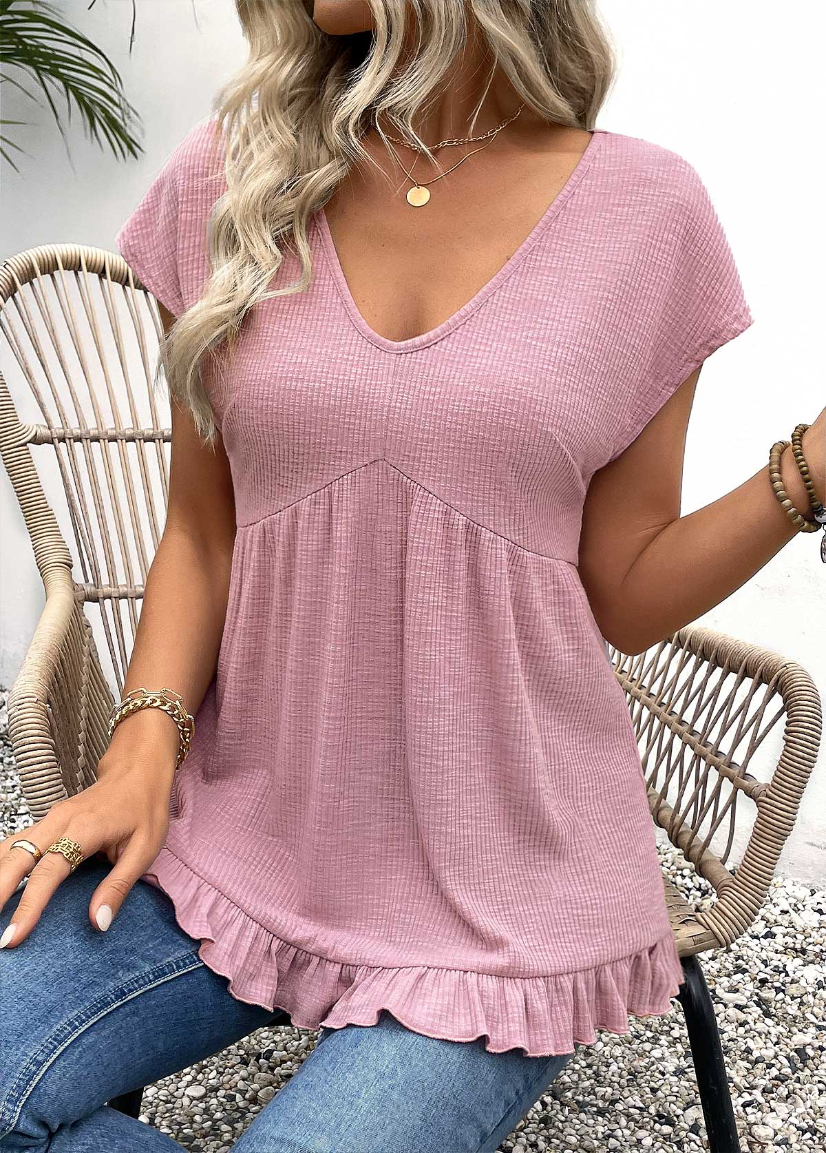 Modlily Light Purple Short Sleeve V Neck T Shirt - M