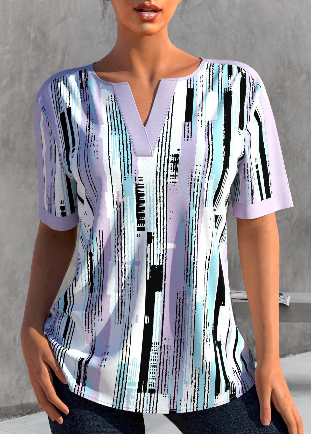 Modlily Light Purple Split Geometric Print Short Sleeve Blouse - S