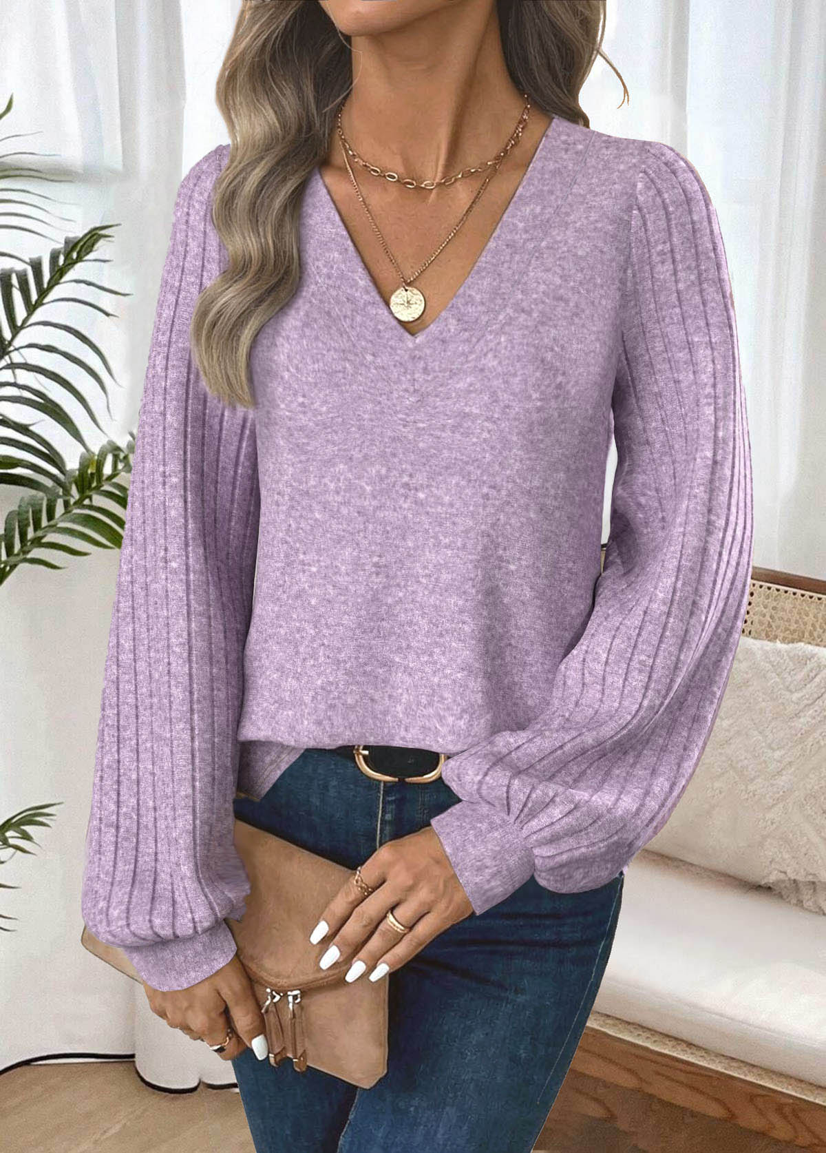 Modlily Light Purple Tummy Coverage Long Sleeve T Shirt - L
