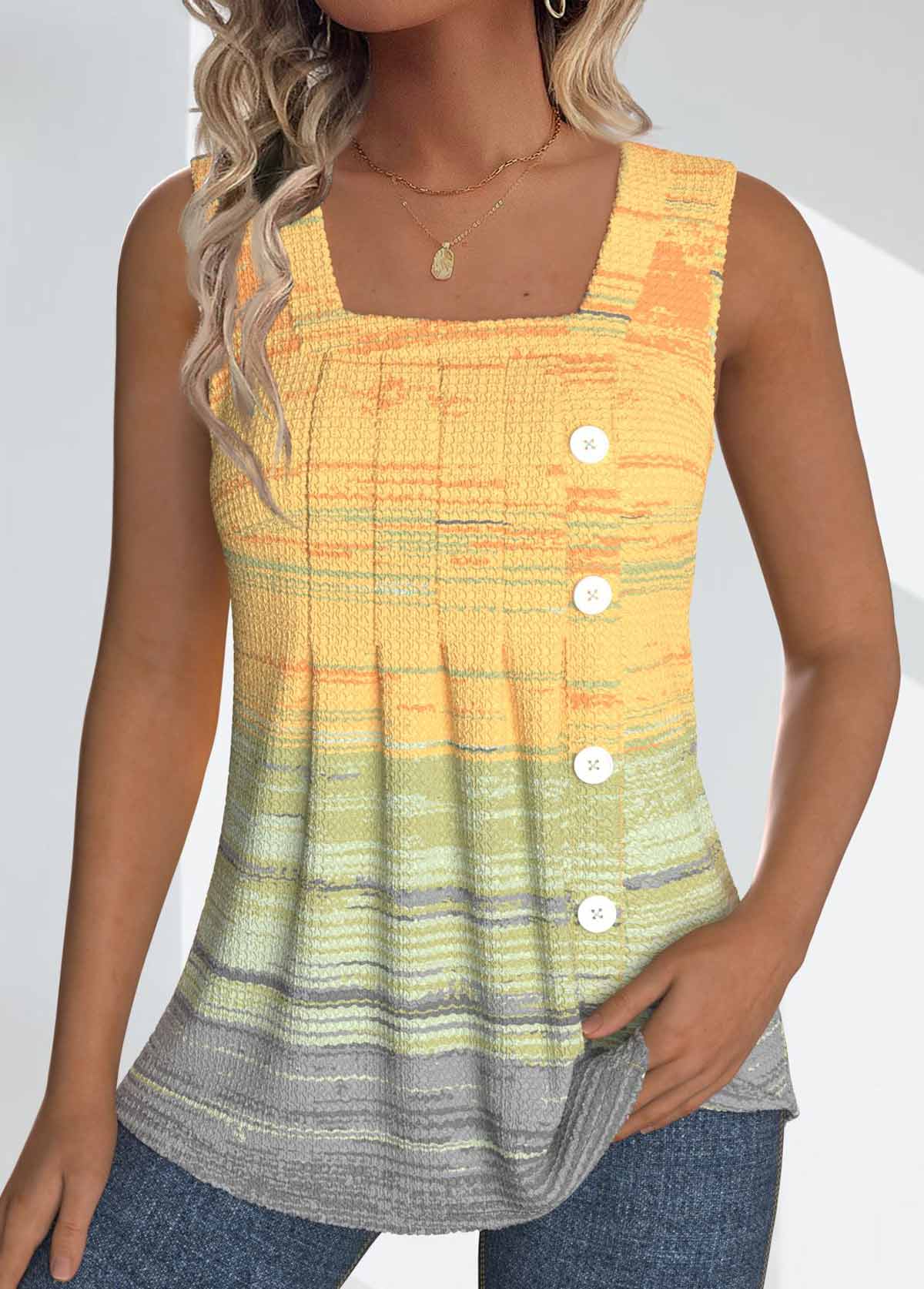 Modlily Light Yellow Button Ombre Sleeveless Square Neck Tank Top - M