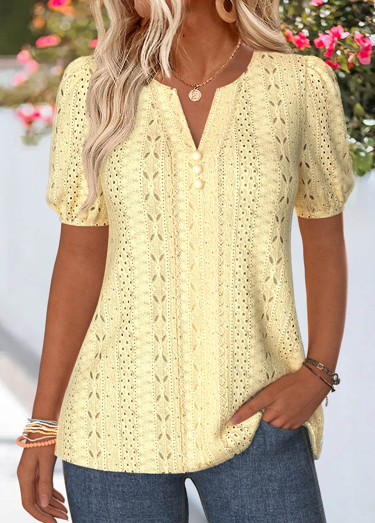 Modlily Light Yellow Curved Hem Short Sleeve Split Neck Blouse - M