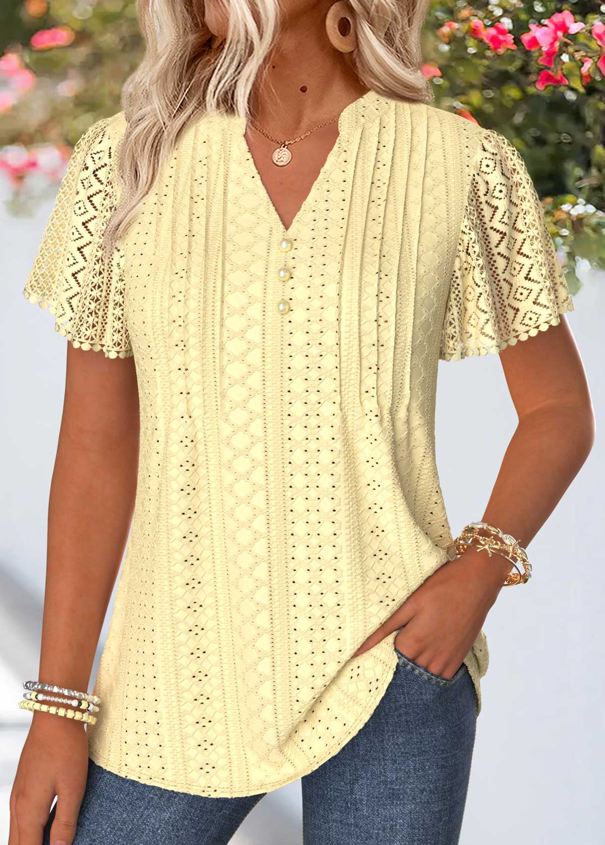 Modlily Light Yellow Curved Hem Short Sleeve T Shirt - M