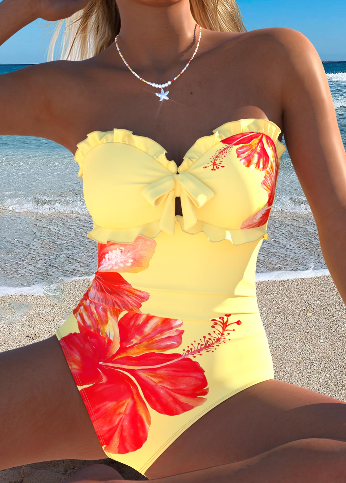 Modlily Light Yellow Cut Out Floral Print One Piece Swimwear - S
