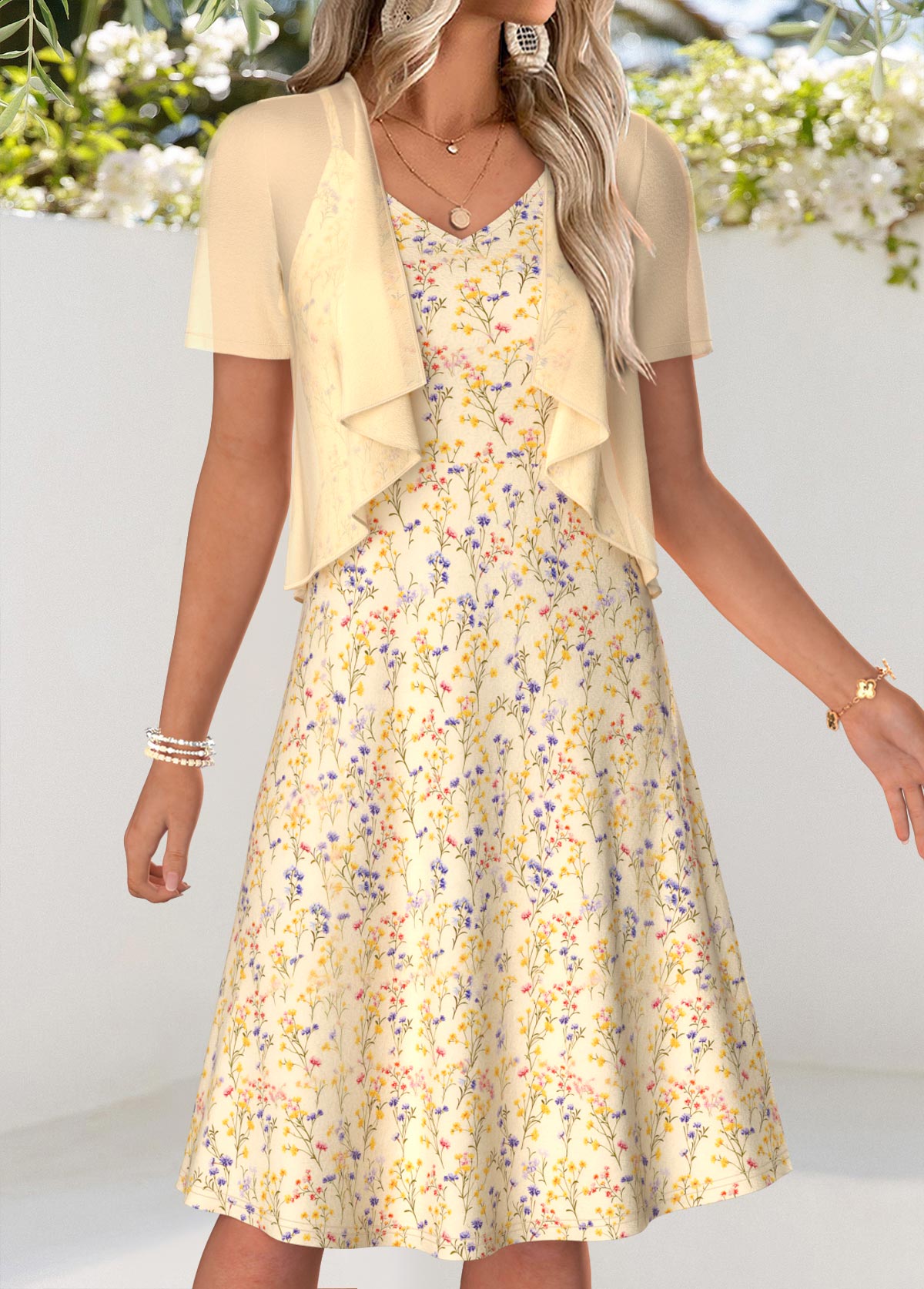 Modlily Light Yellow Ditsy Floral Print Two-piece Dress and Cardigan - S