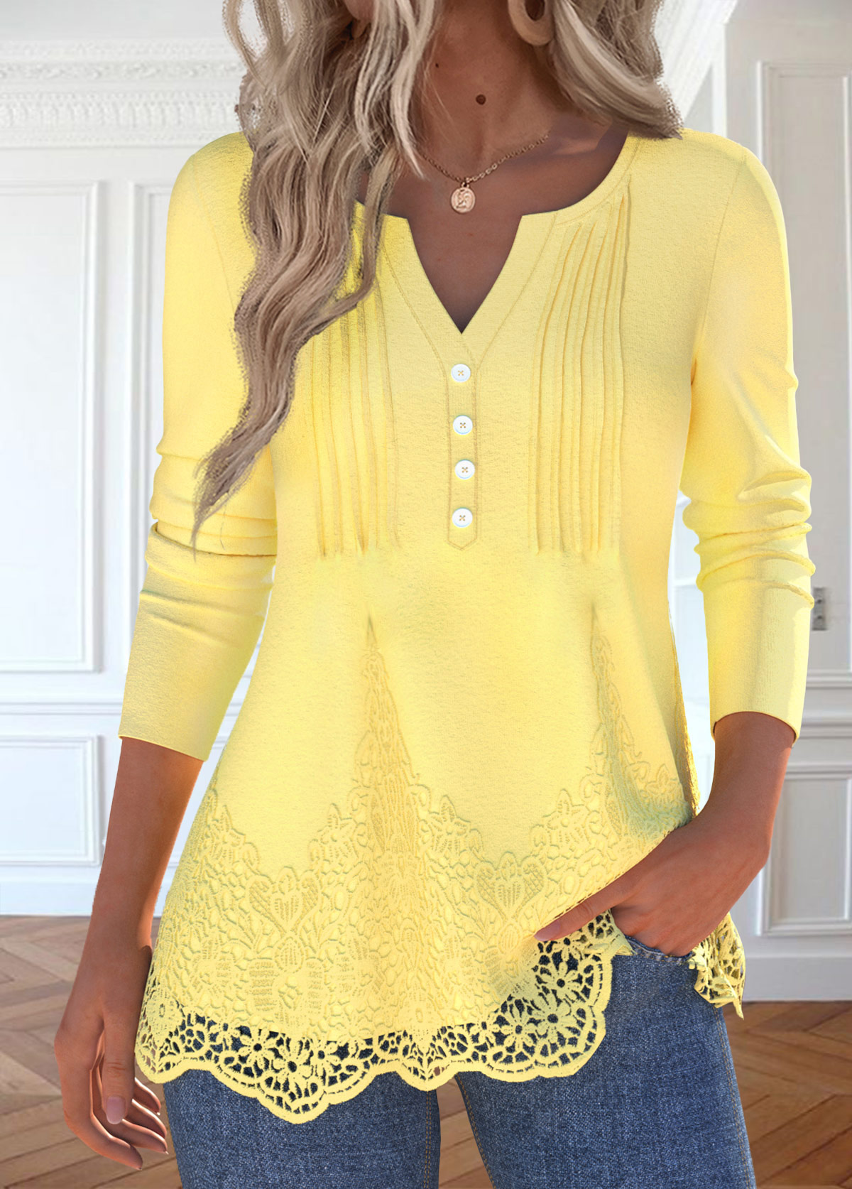 Modlily Light Yellow Embroidery Long Sleeve Split Neck T Shirt - XL