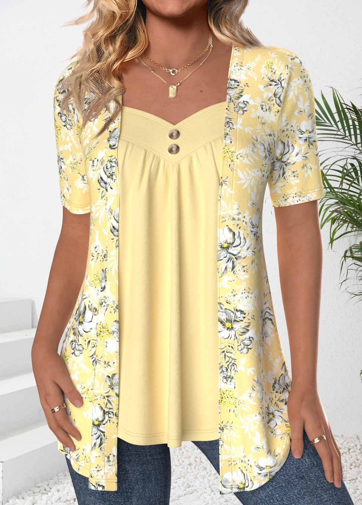 Modlily Light Yellow Floral Print Fake Two Piece Twinset - S