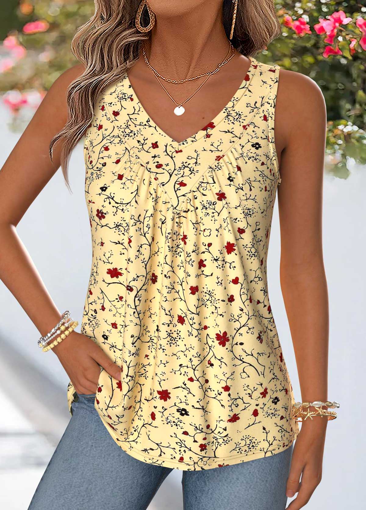 Modlily Light Yellow Floral Print Patchwork Sleeveless Tank Top - M